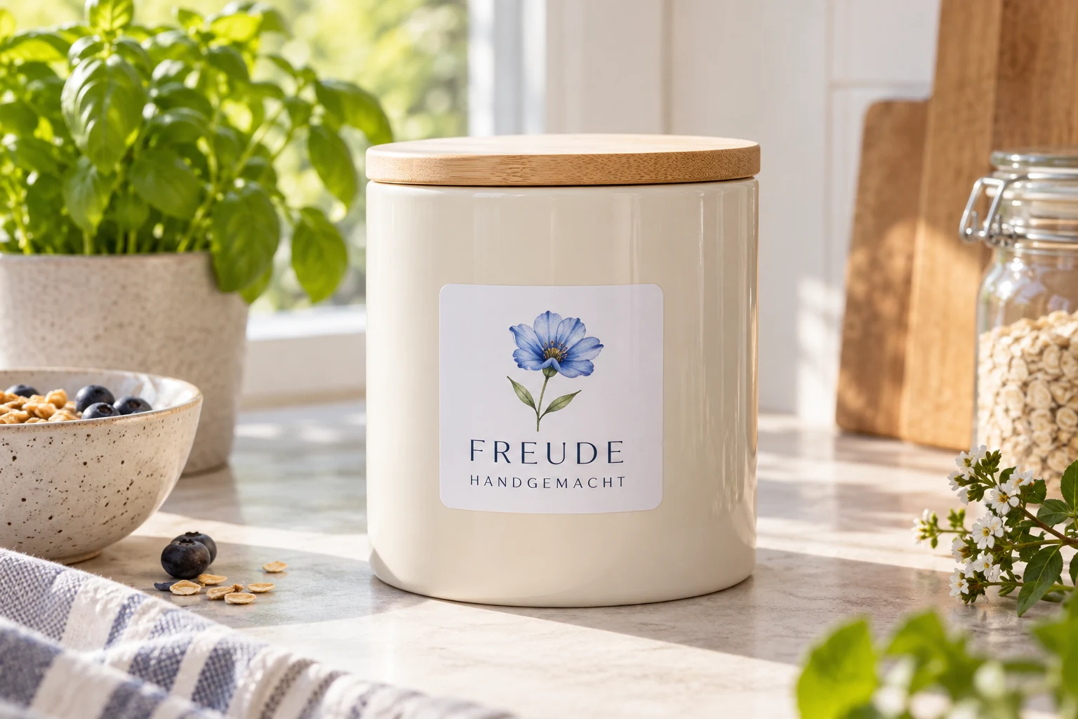 Produktetikett mit Blumenmotiv auf einer glatten cremefarbenen Dose