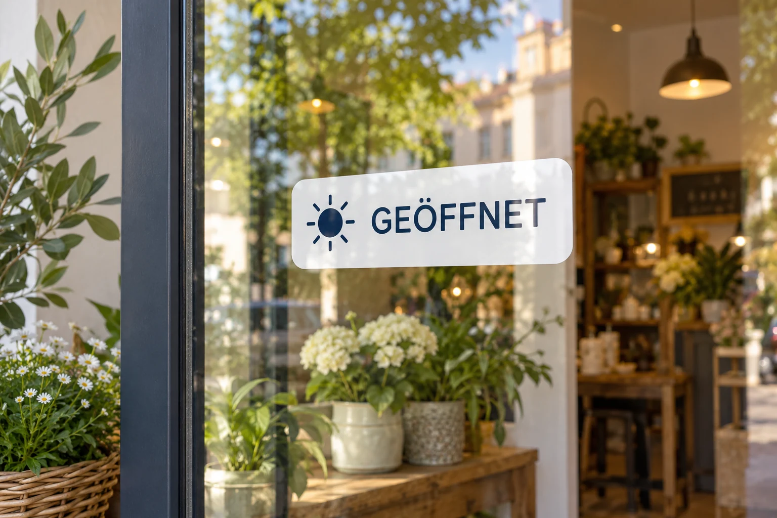 Gut lesbarer Öffnungshinweis als Folienaufkleber auf einer Ladenscheibe