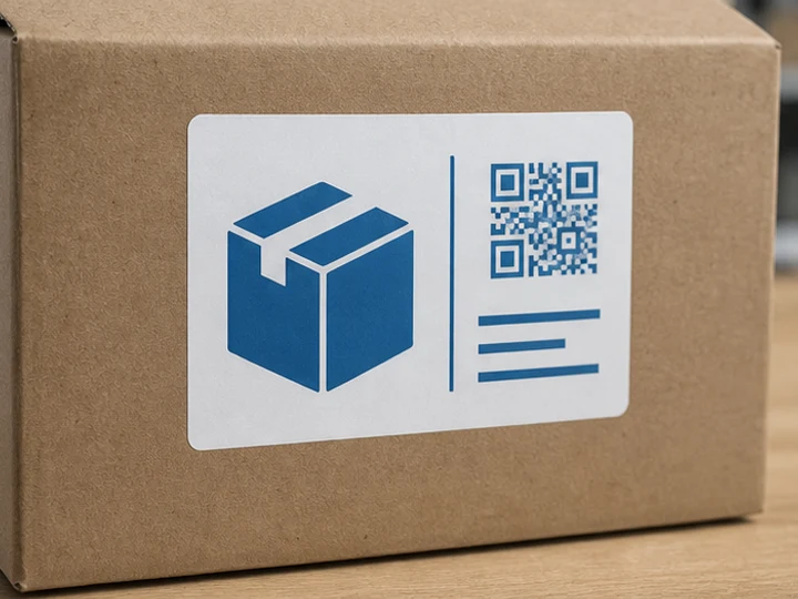 Kartonaufkleber mit Paketmotiv und QR-Code