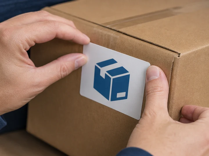 Aufkleber wird an einer Kartonverpackung sorgfältig angedrückt