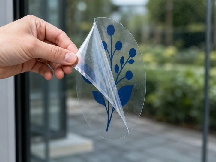 Rückstandsfrei von Glas abgezogener transparenter Aufkleber