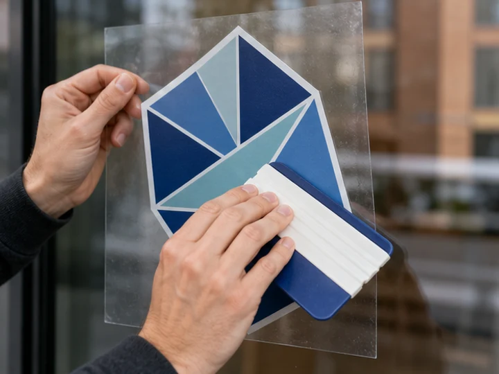 Konturgeschnittenes Folienmotiv wird mit Übertragungsfolie auf Glas montiert