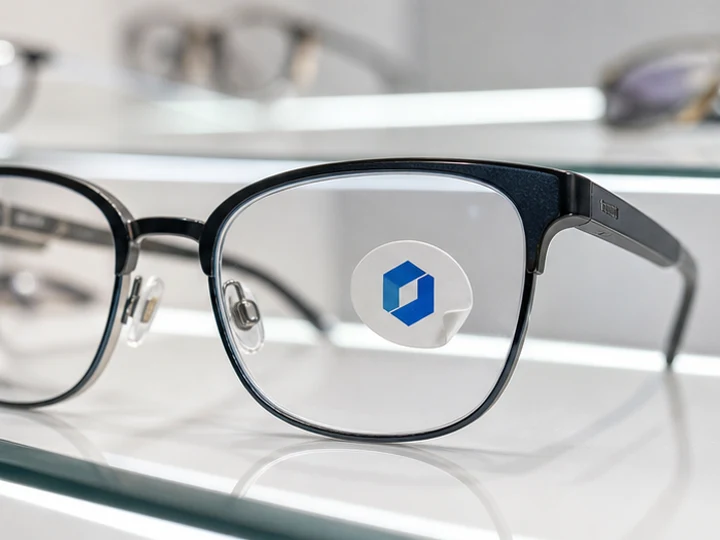 Kleiner ovaler Adhäsionsaufkleber mit Firmenzeichen auf einer Brille