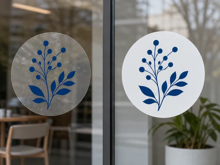 Transparentes und weißes Aufklebermotiv nebeneinander auf Glas