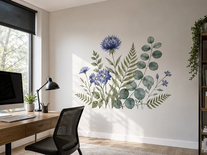Farbiges botanisches Wandmotiv auf einer glatten Bürowand