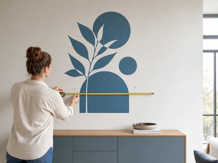 Großes Wandmotiv wird mit einem Maßband ausgerichtet