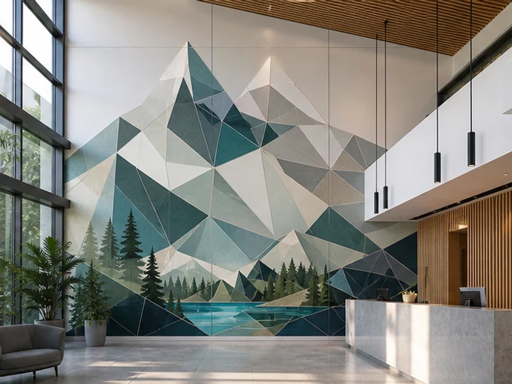 Sehr großes geometrisches Wandmotiv in einer modernen Lobby