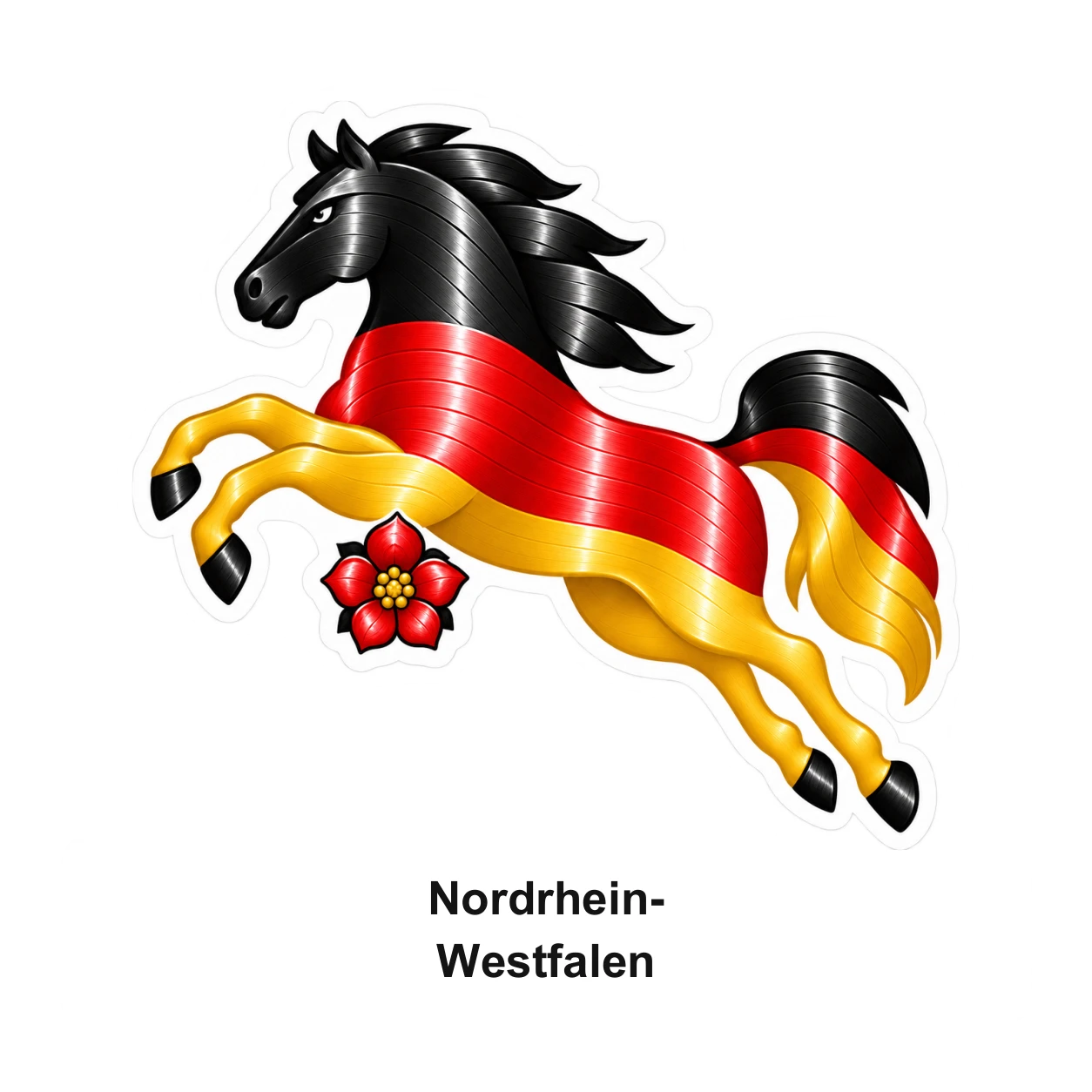 Nordrhein-Westfalen: Westfalenross mit Landesnamen in Schwarz-Rot-Gold und Vinylrillen