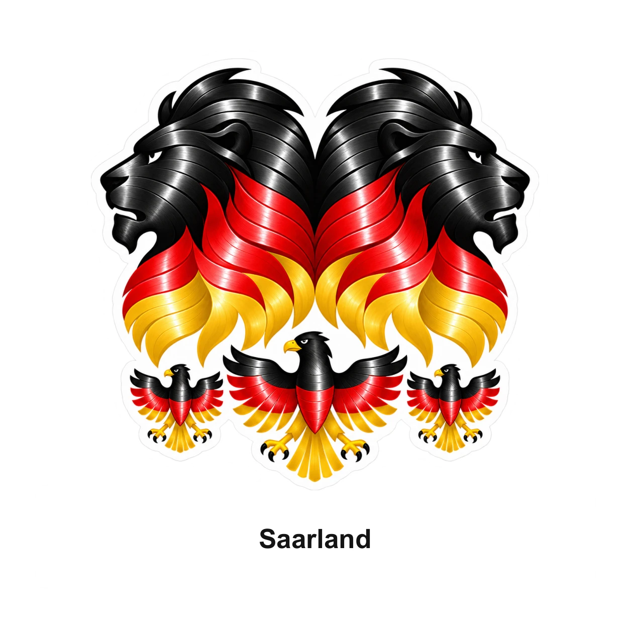 Saarland: Löwen und Adler mit Landesnamen in Schwarz-Rot-Gold und Vinylrillen