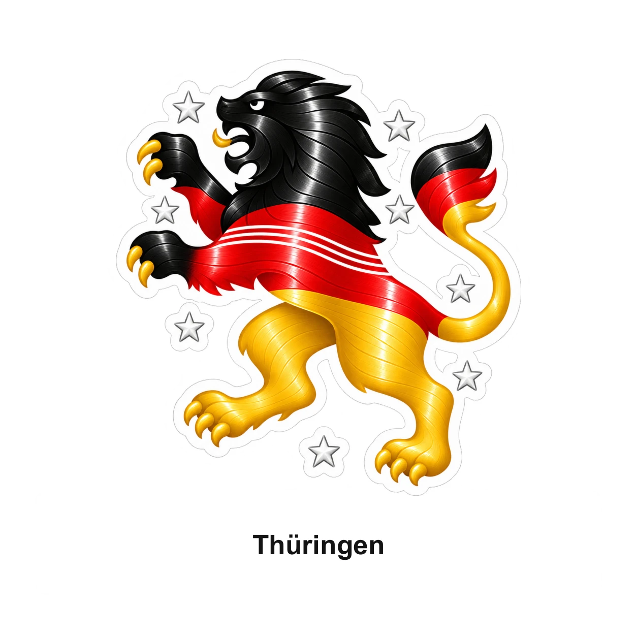 Thüringen: Thüringer Löwe mit Landesnamen in Schwarz-Rot-Gold und Vinylrillen