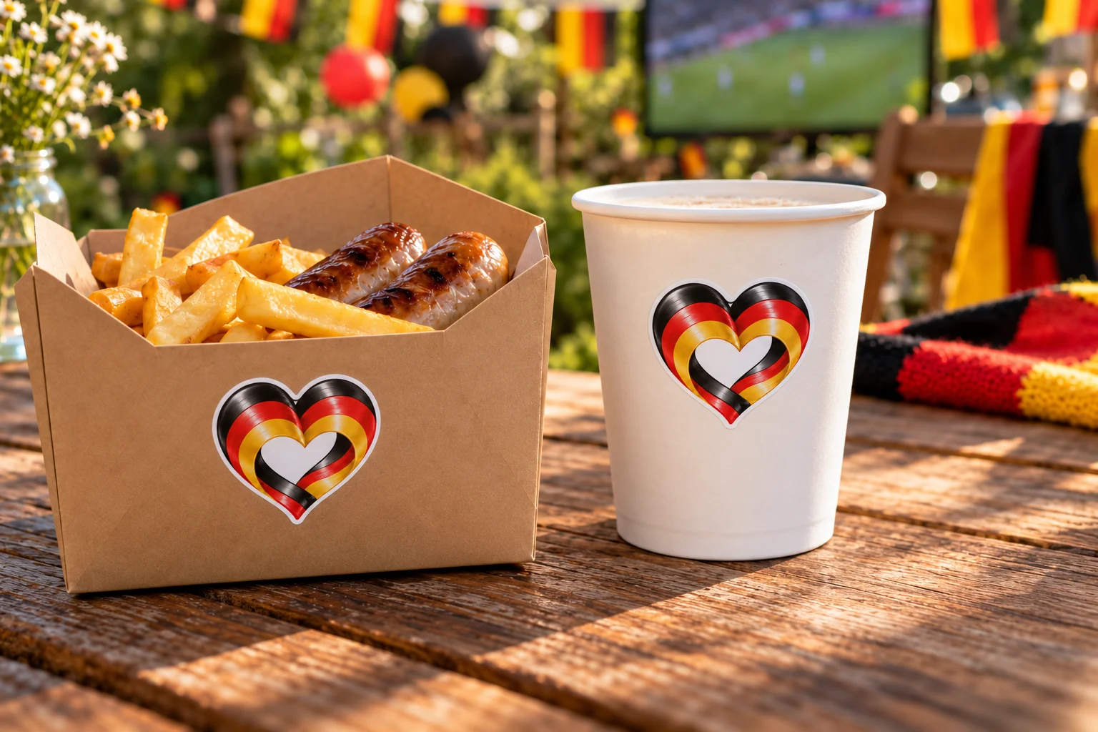 Herzstrom in Schwarz-Rot-Gold auf Snackbox und Becher