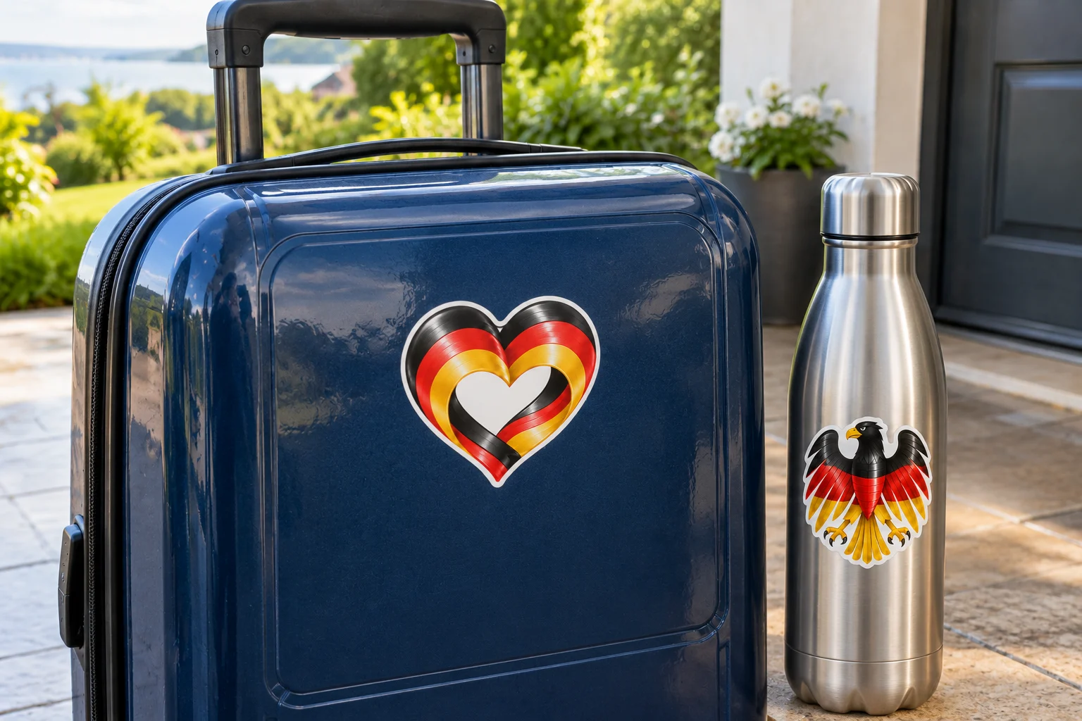 Herzstrom am blauen Koffer und Deutschland-Adler an einer Trinkflasche