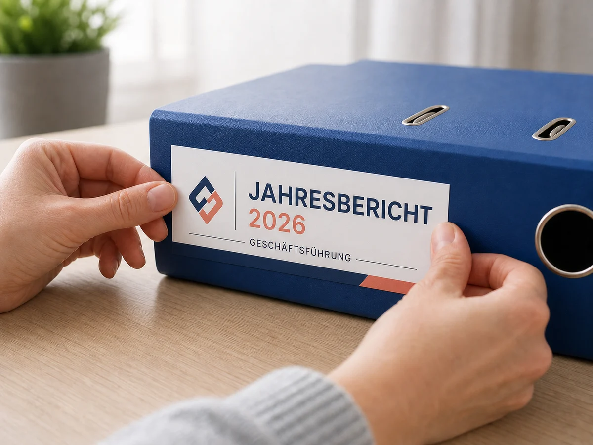 Matte Projektbeschriftung wird gerade und blasenfrei auf einen blauen Ordner aufgebracht