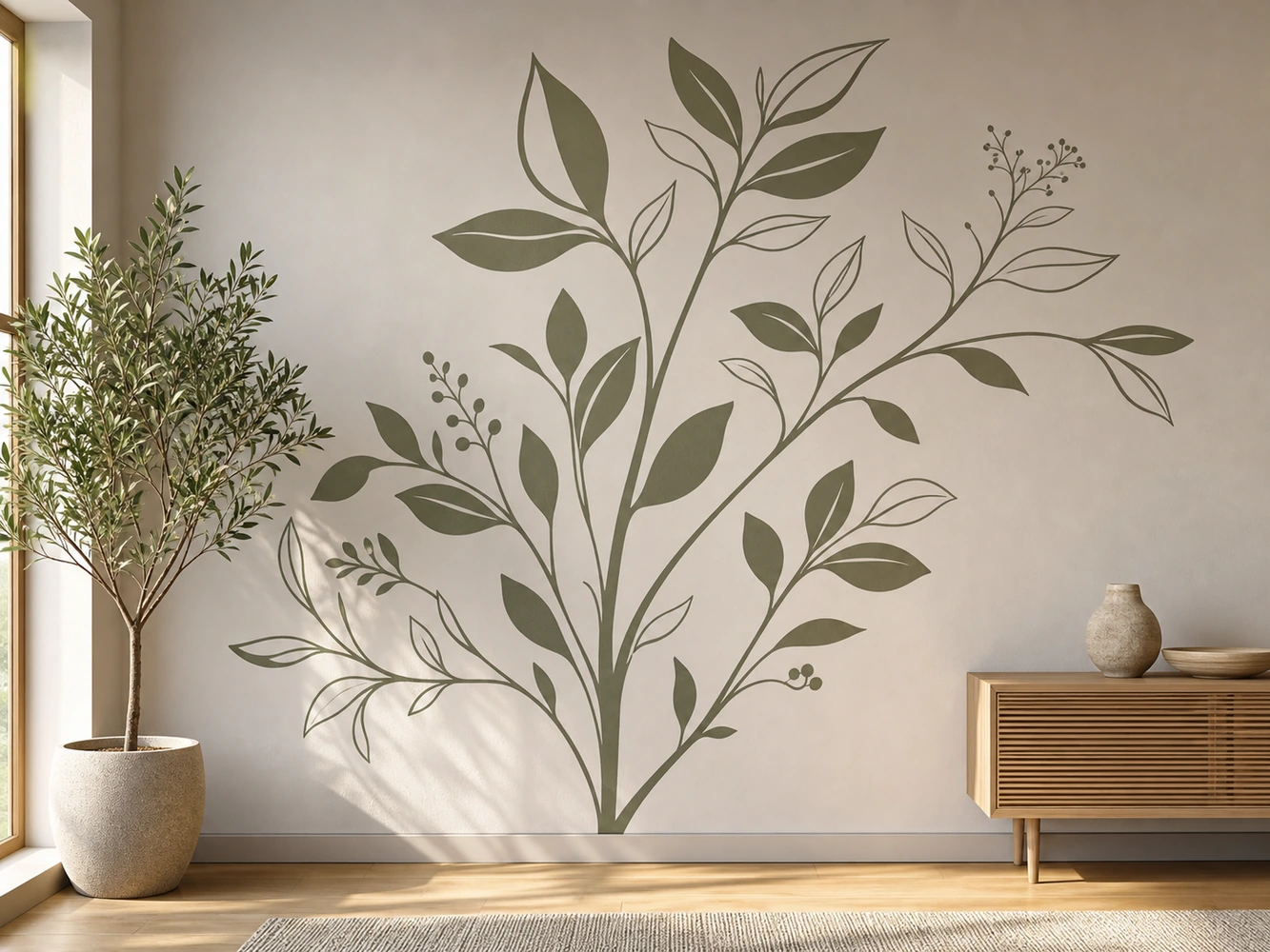 Großes botanisches Wandtattoo auf einer gestrichenen Wand