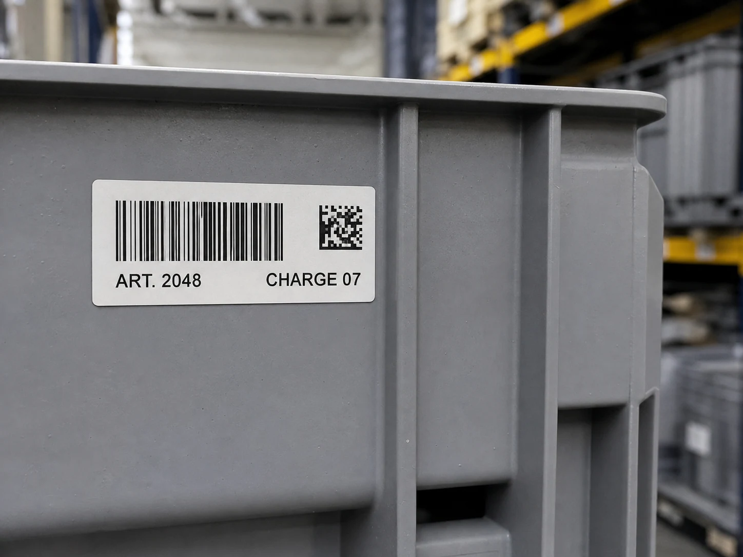 Barcode-, DataMatrix- und Chargenetikett auf einer Lagerbox