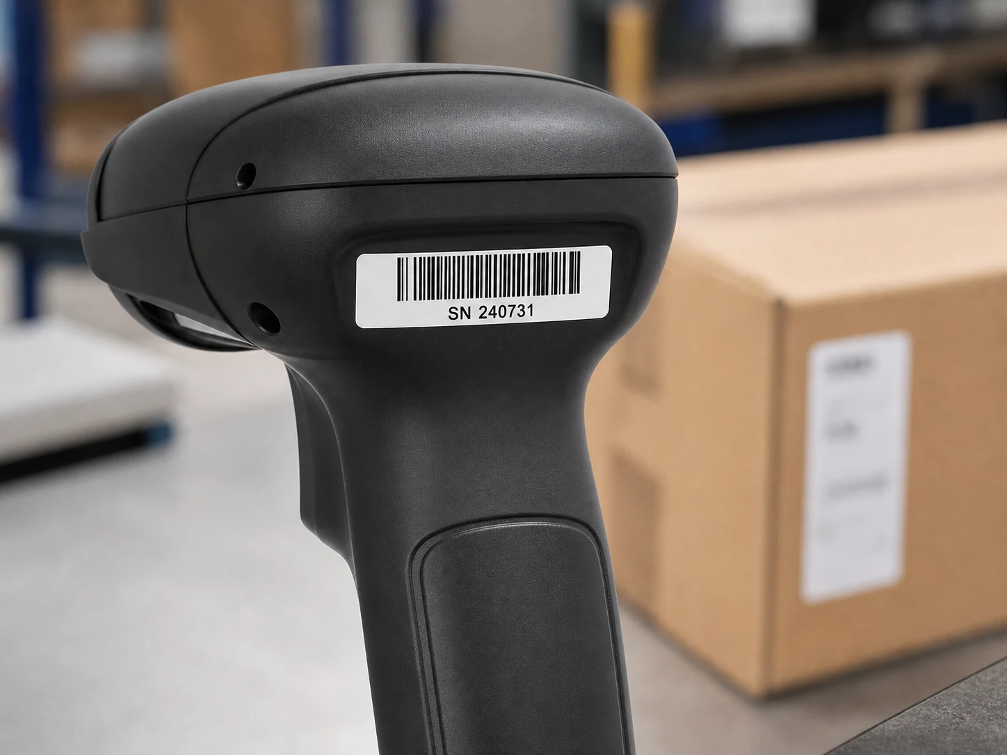 Seriennummernaufkleber wird mit einem Scanner erfasst