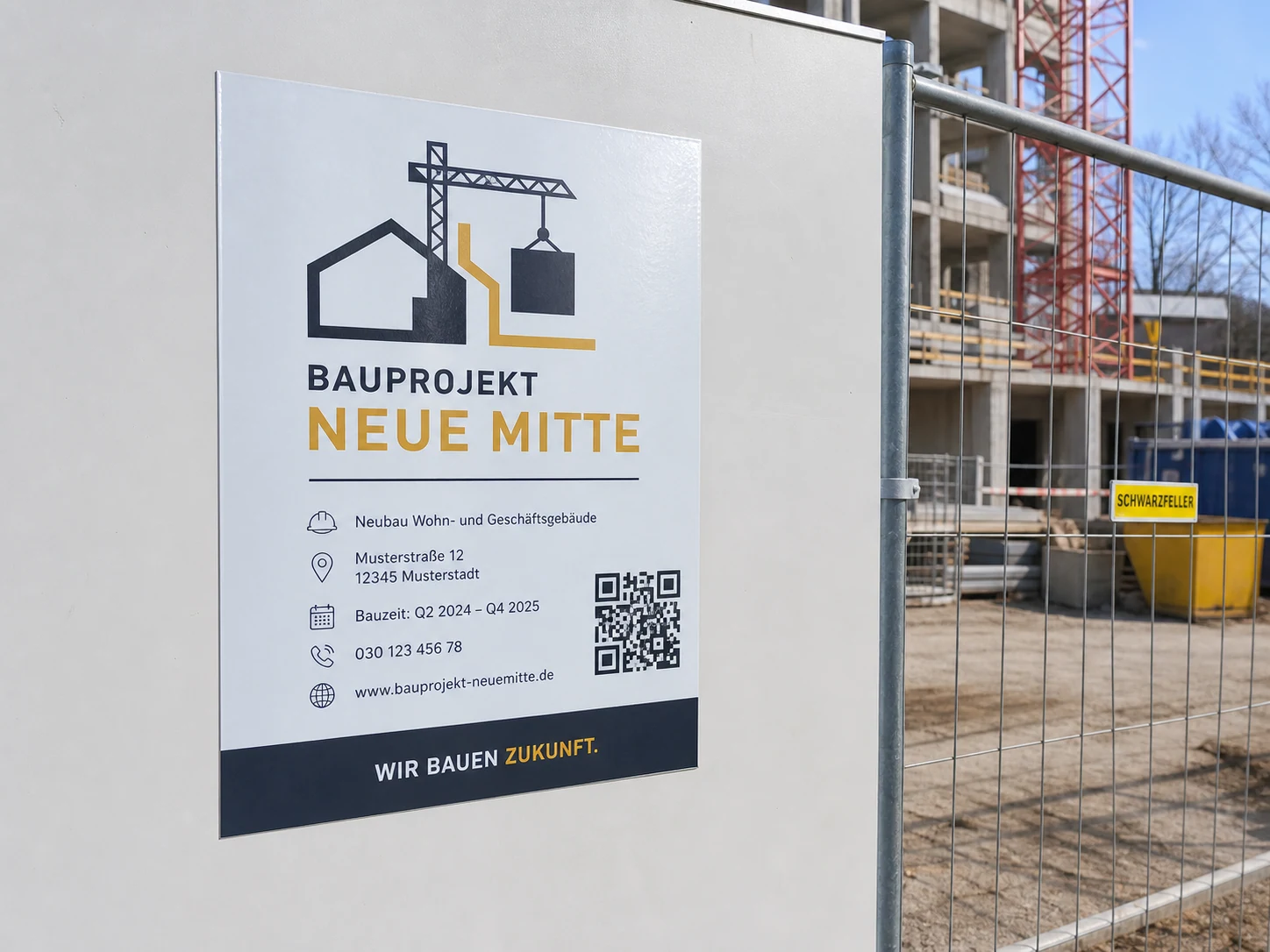 Großer Bauprojekt-Aufkleber mit Projektdaten und QR-Code auf einer glatten Bauzaunfläche