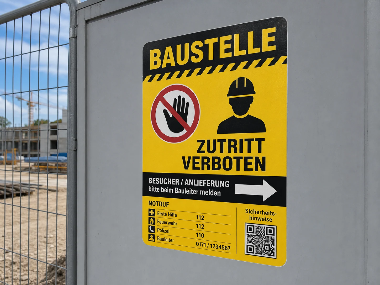 Sicherheitsaufkleber mit Zutrittsregeln und Notrufdaten auf einer Bauzaunfläche