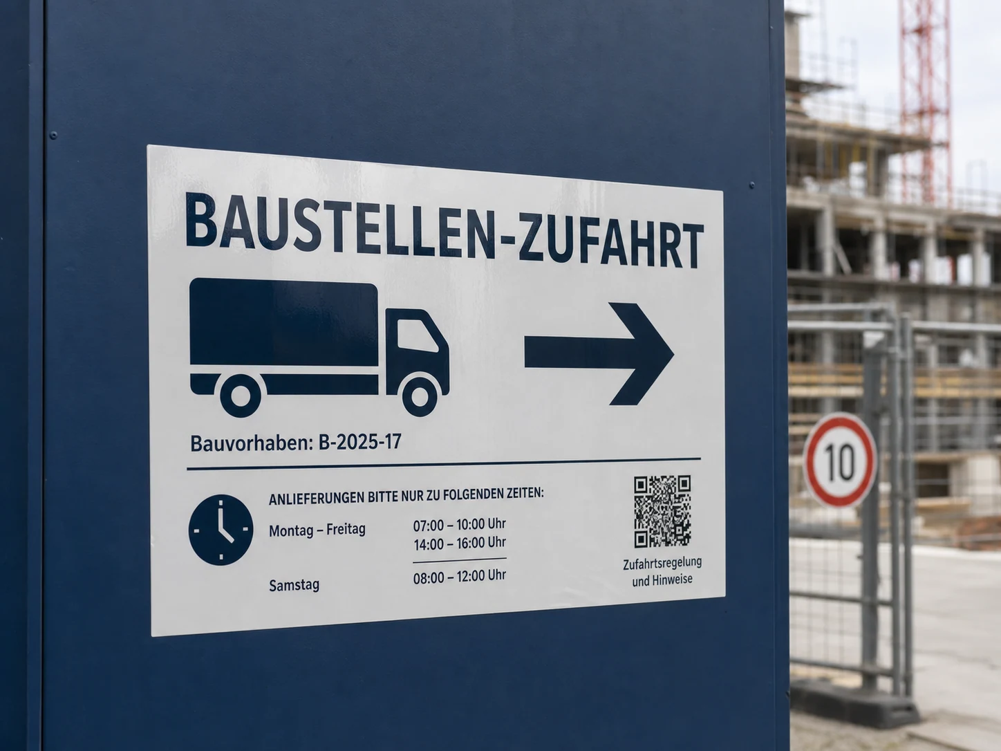 Logistik-Aufkleber mit Zufahrtszeiten und QR-Code am Bauzaun