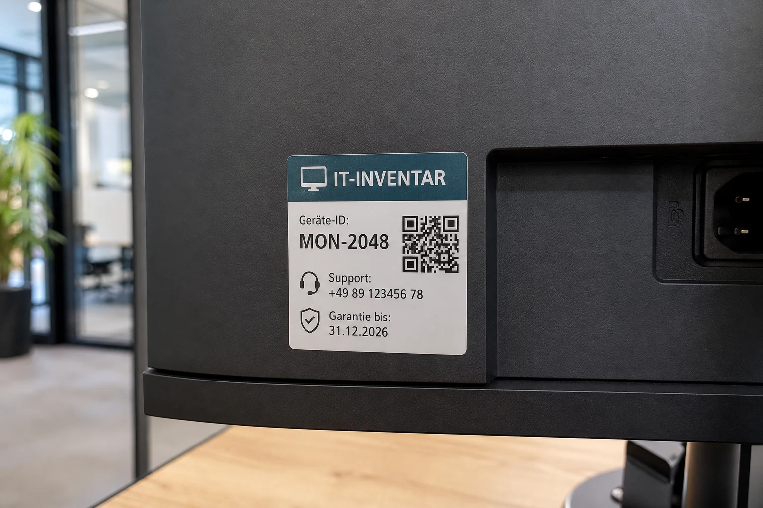 Hinweisaufkleber mit Support-QR-Code am Bildschirmrand