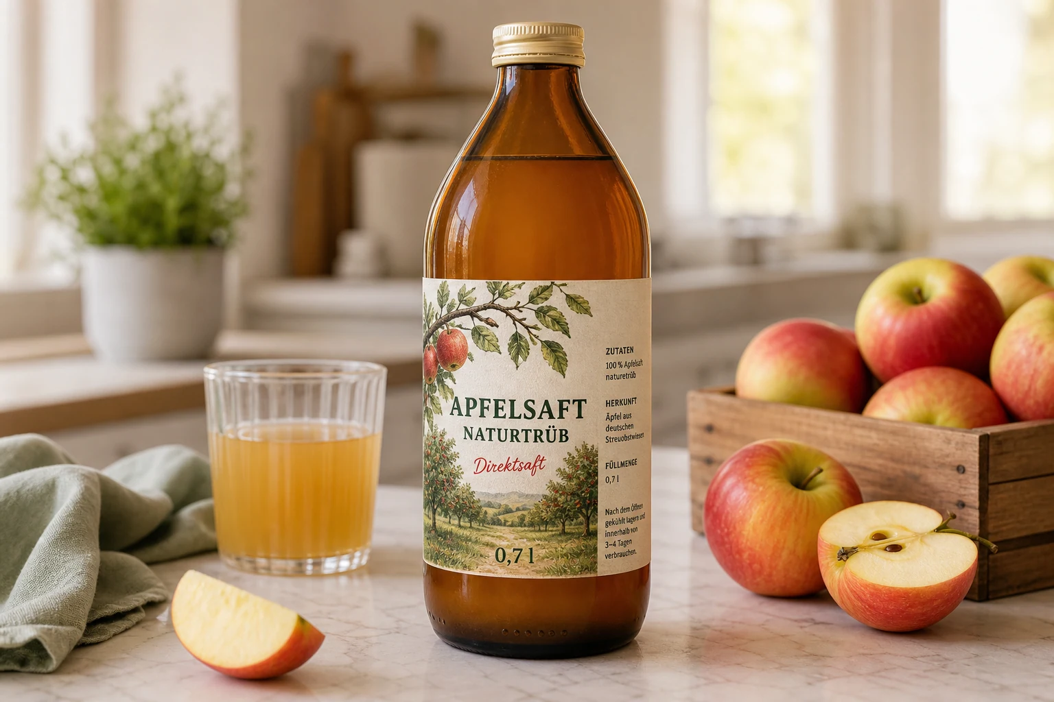 Vollständig gestaltetes Produktetikett auf einer Saftflasche