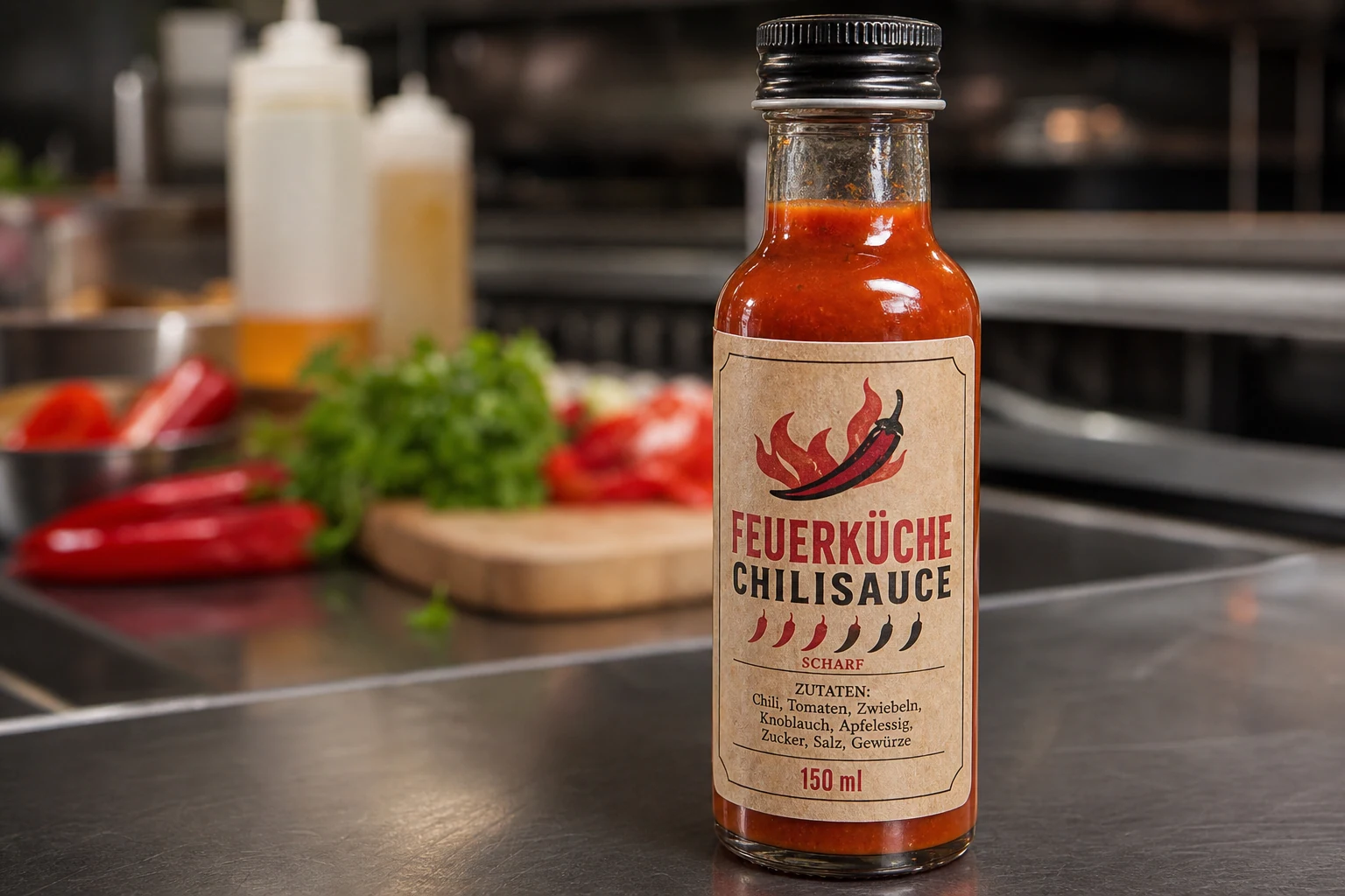 Chilisaucenflasche mit Markenmotiv, Produktname und Zutatenetikett
