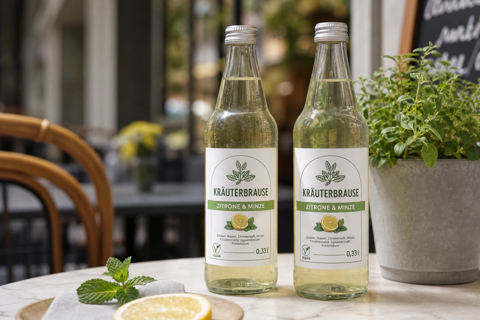 Kräuterbrauseflaschen mit passenden Getränkeetiketten