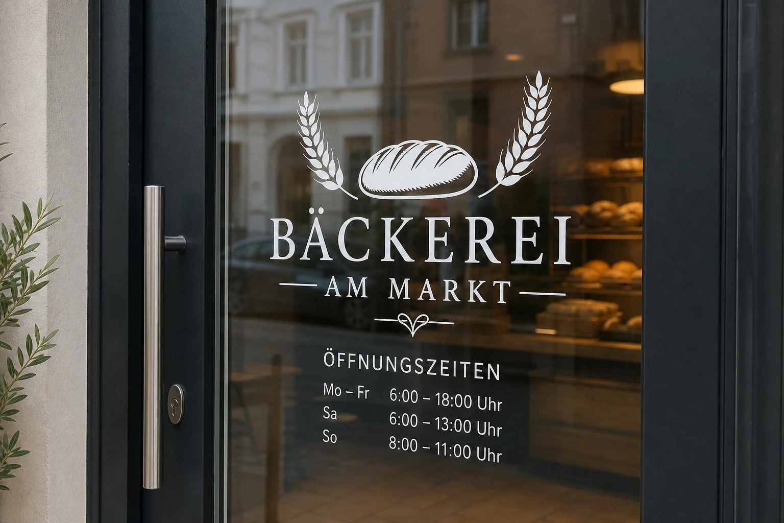 Konturgeschnittenes Bäckerei-Logo mit Öffnungszeiten auf einer Glastür