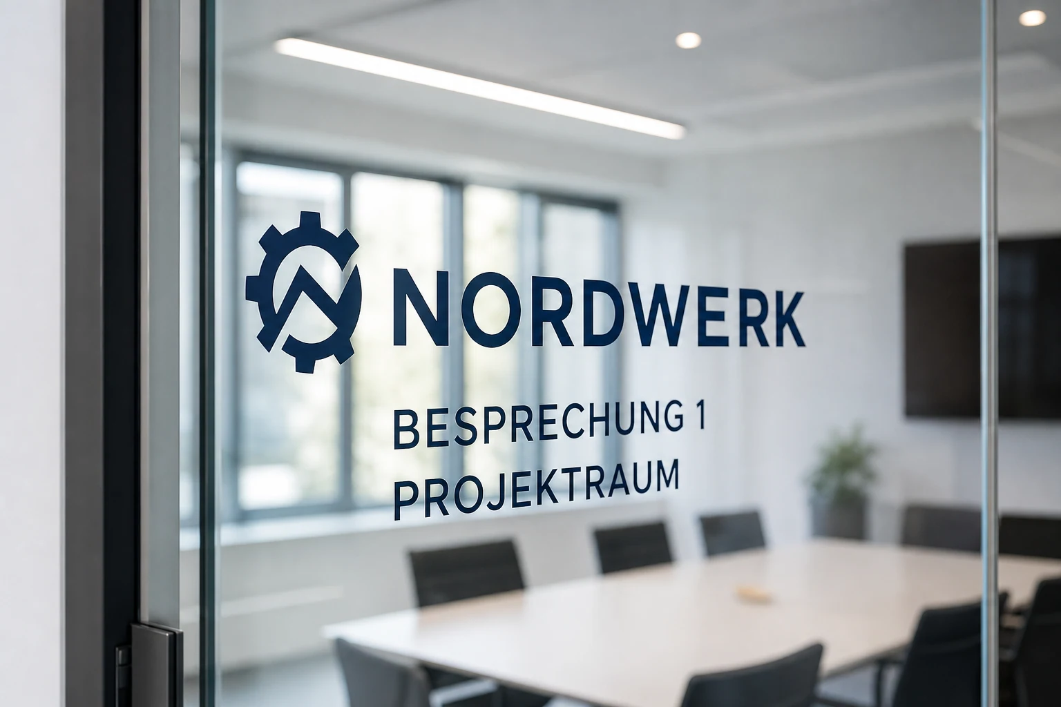 Konturgeschnittenes Firmenlogo und Raumbezeichnungen auf einer Glaswand