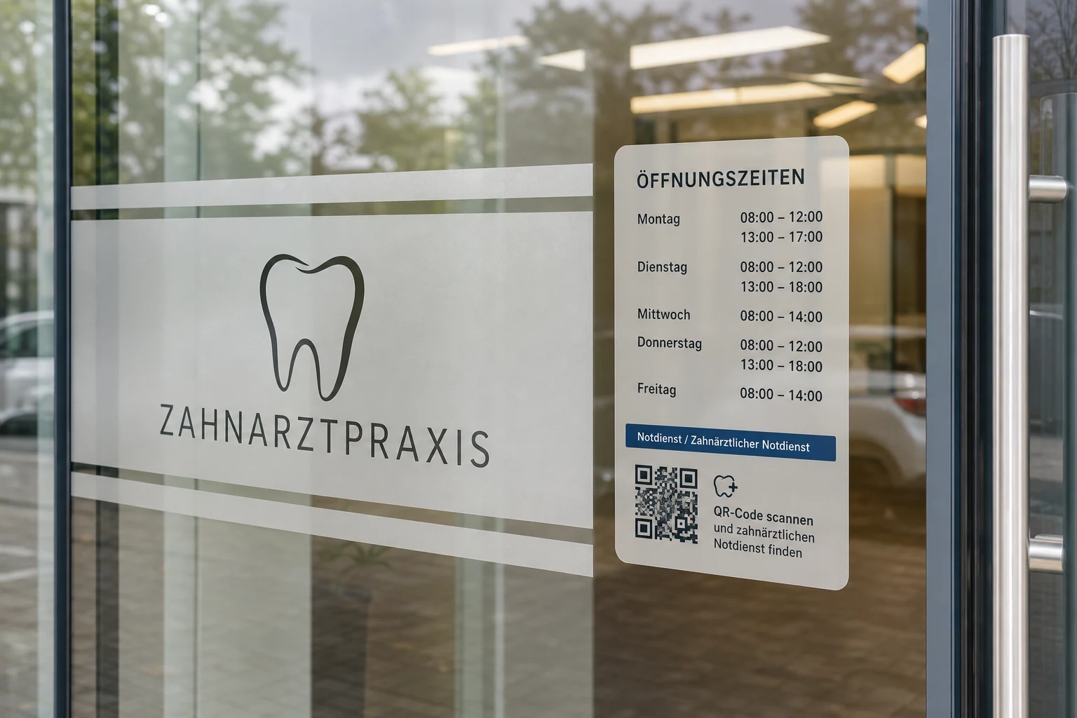 Praxiskennzeichnung und Öffnungszeiten als Fensteraufkleber
