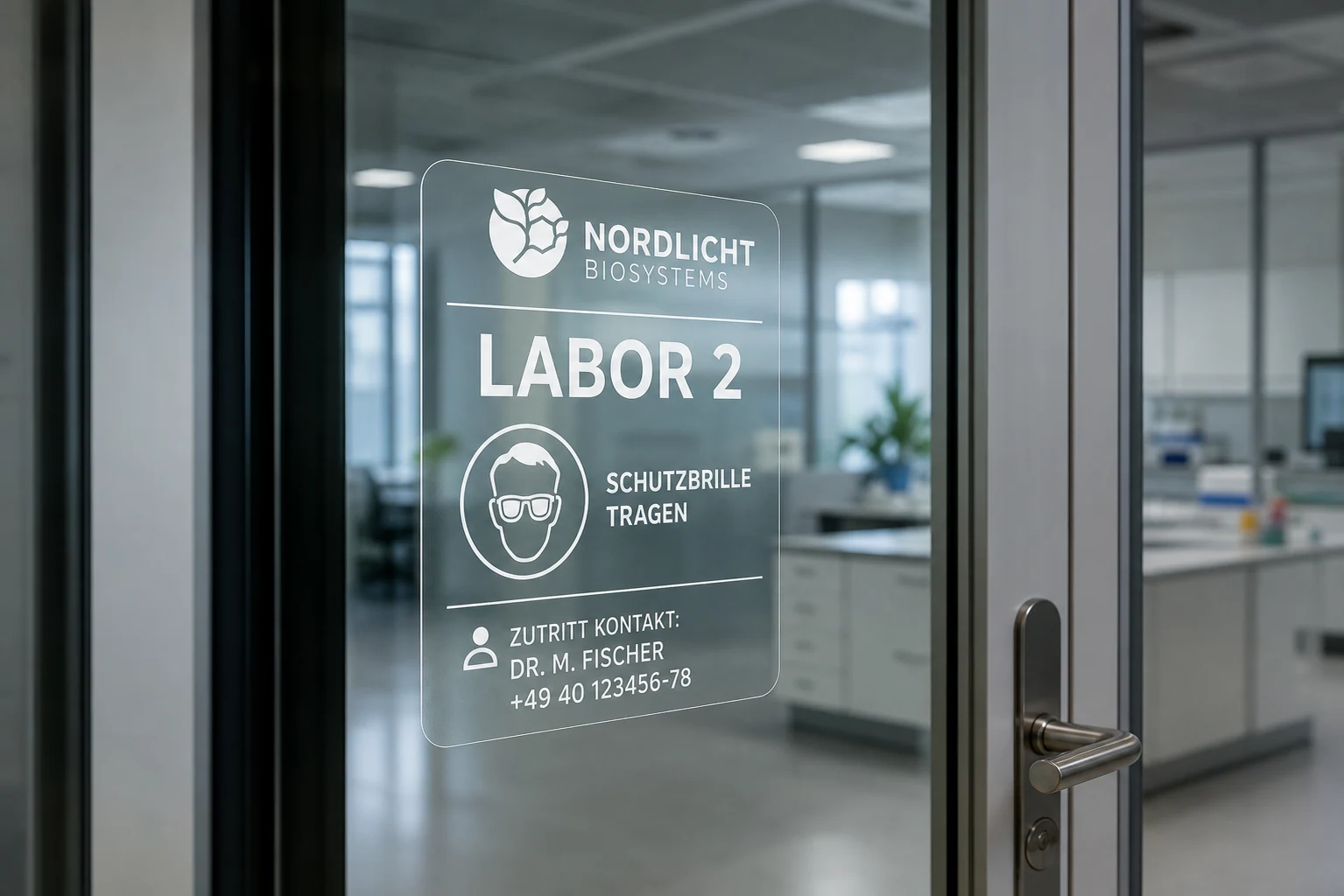 Transparenter Raum- und Sicherheitsaufkleber auf einer Labortür