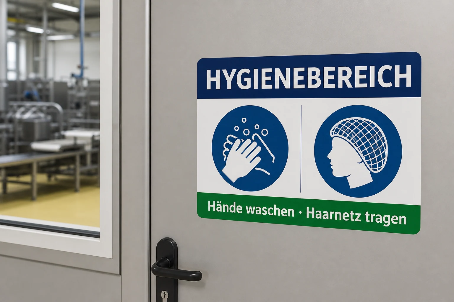 Hygiene-Hinweisaufkleber mit passenden Gebotssymbolen an einer Produktionstür