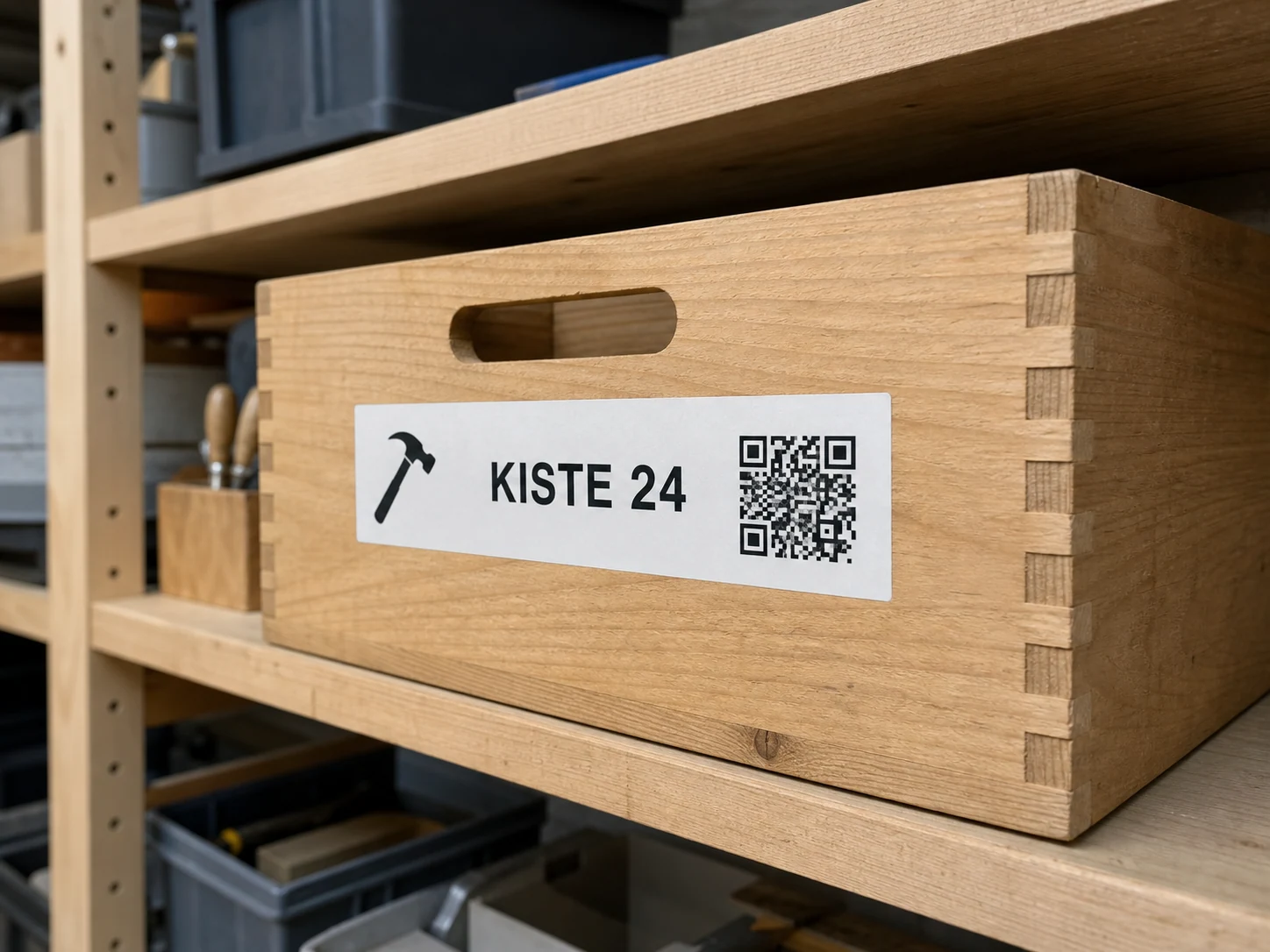 Kennzeichnungsaufkleber mit QR-Code auf einer Holzkiste