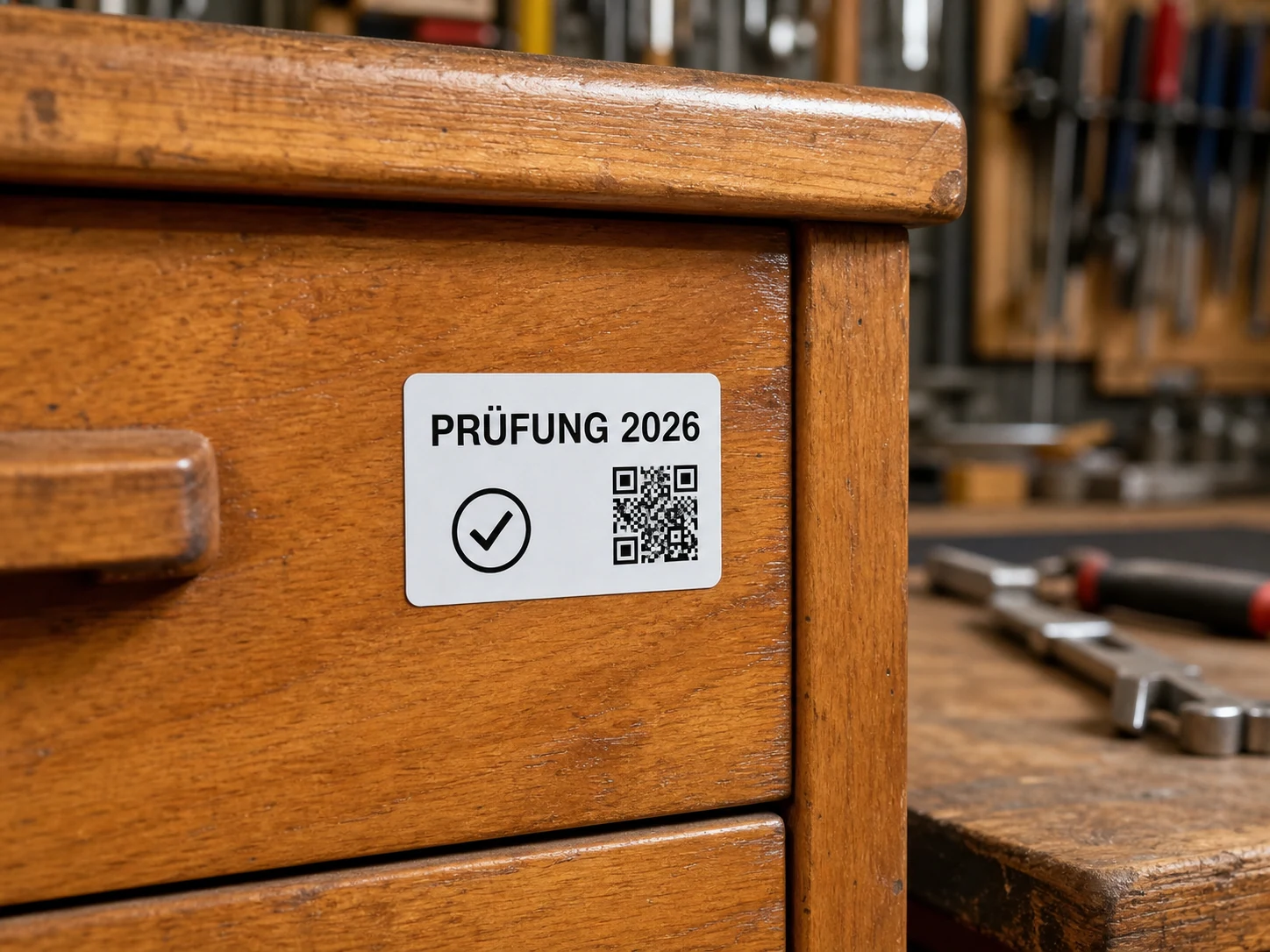 Prüfaufkleber auf einem lackierten Holzschrank
