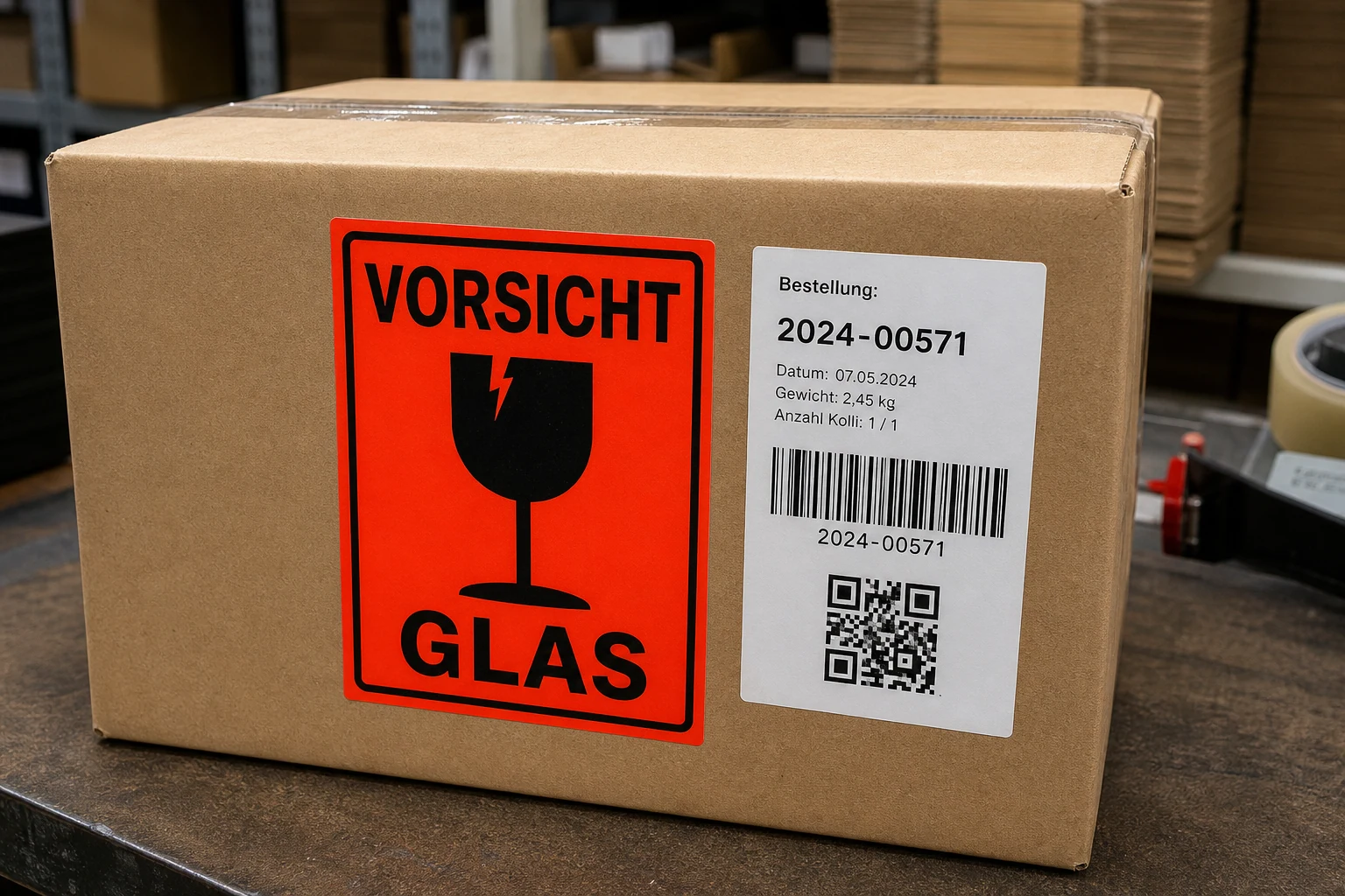 Vorsicht-Glas- und Logistikaufkleber mit QR-Code auf einem Versandkarton