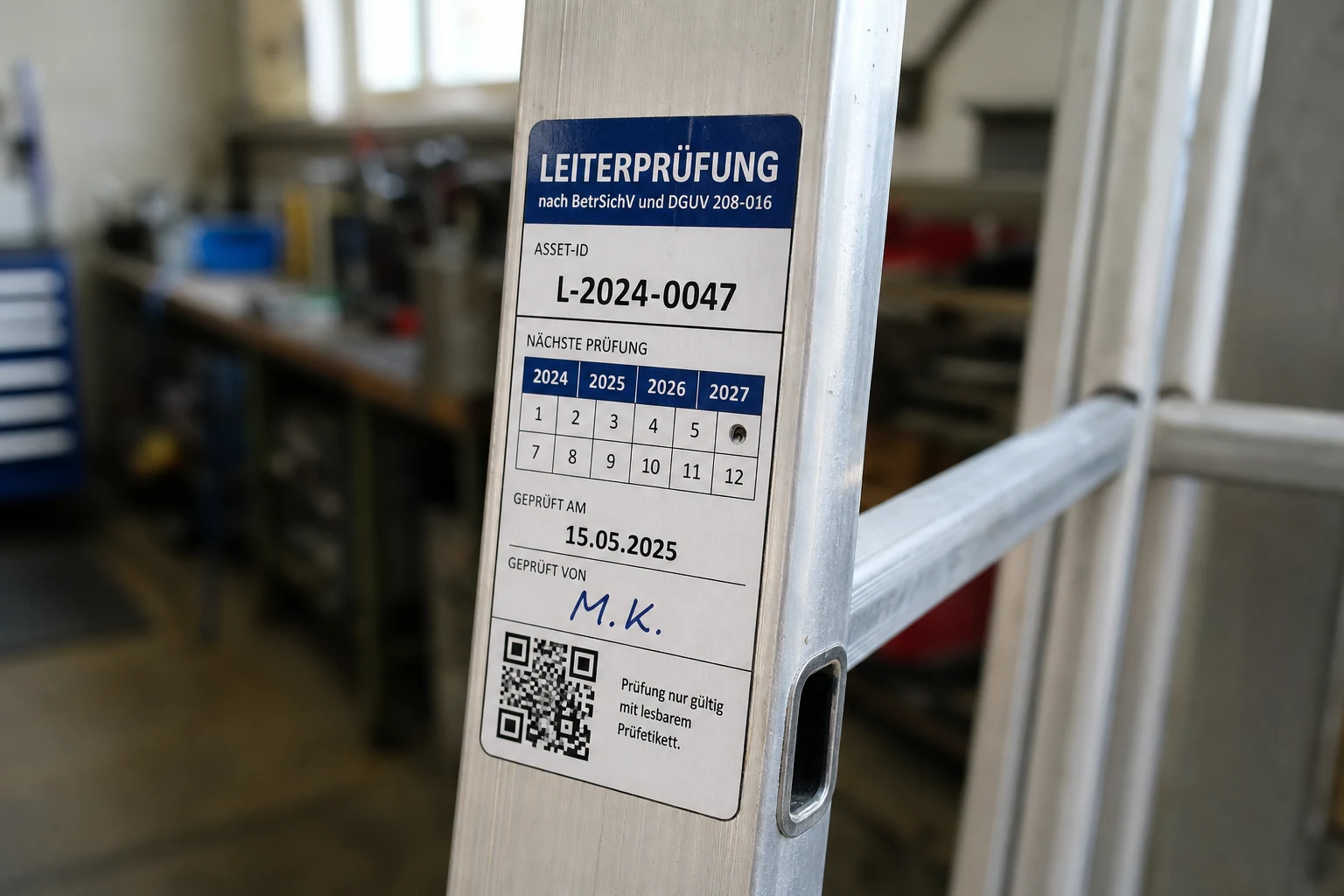 Prüfaufkleber mit Leiter-ID, Prüfterminen und QR-Code auf einer Aluminiumleiter