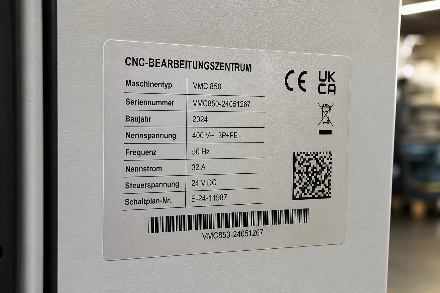 Technischer Daten- und Warnaufkleber auf einer Maschine
