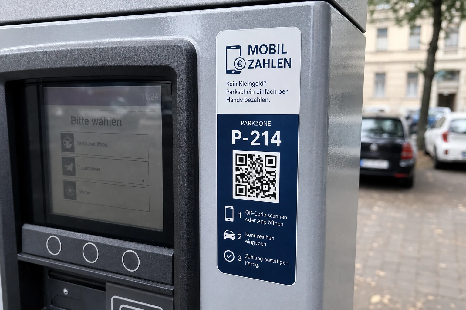 Mobiler Zahlungsaufkleber mit Parkzone und QR-Code auf einem Parkautomaten