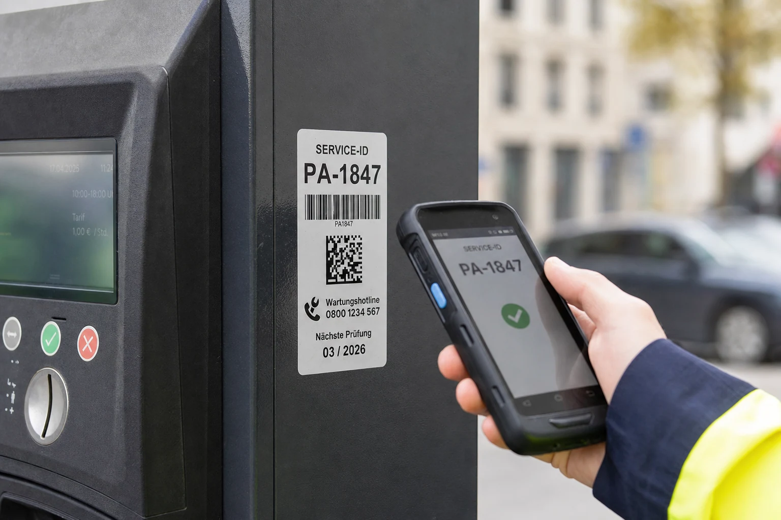 Service- und Inventaraufkleber mit DataMatrix auf einem Parkautomaten