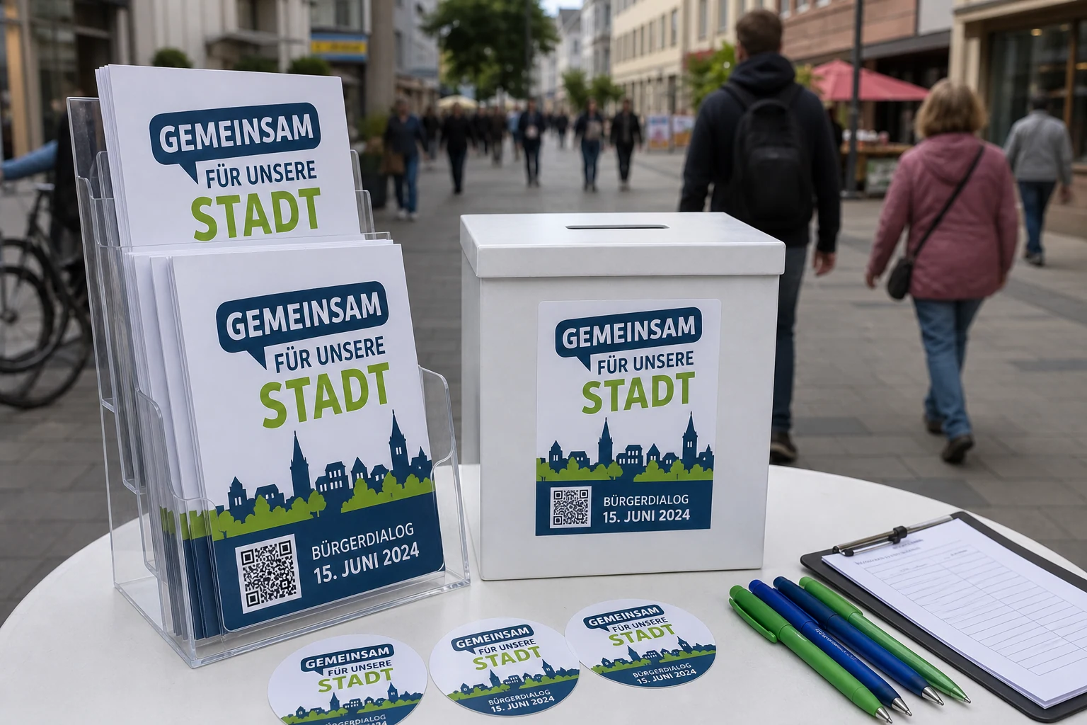 Kommunale Kampagnenaufkleber auf Informationsmaterial und Spendenbox