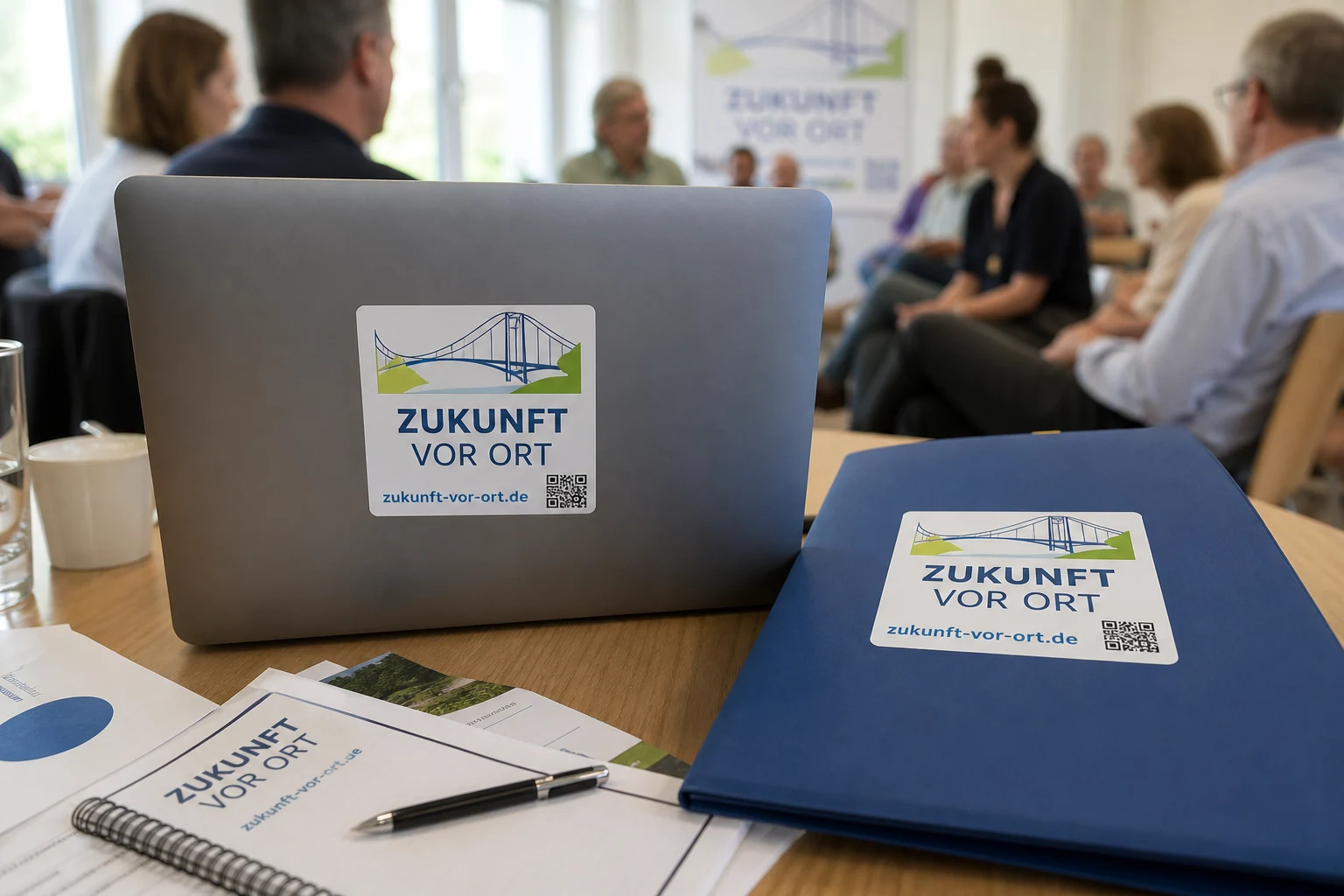 Kampagnenaufkleber mit passendem Motiv auf Laptop und Veranstaltungsmappe