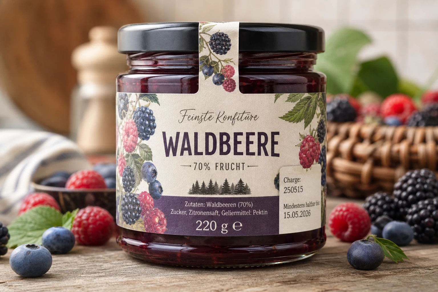 Produktetikett mit Markenmotiv und Sortenangabe auf einer Verpackung