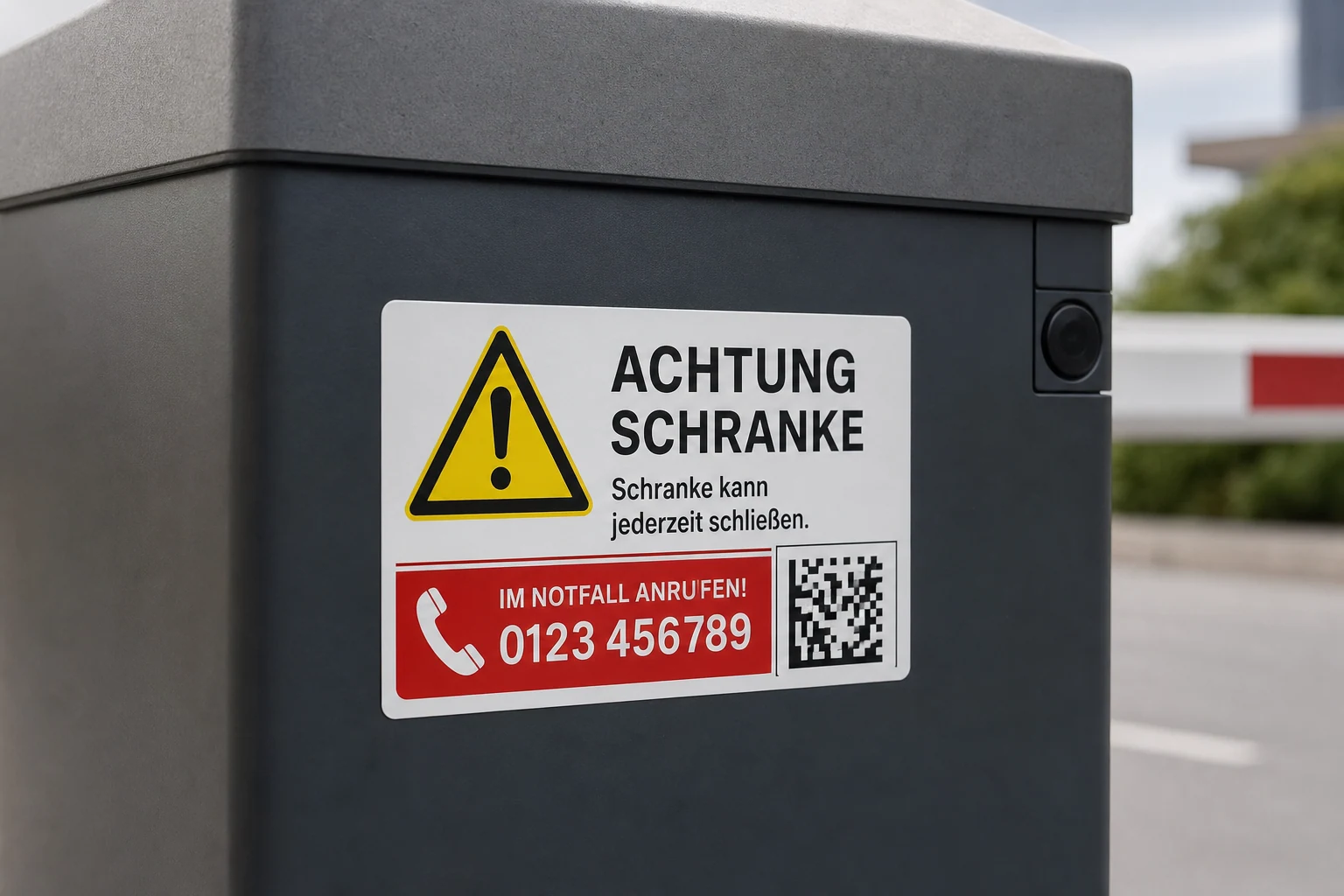 Warnaufkleber mit Notrufdaten auf dem Gehäuse einer Schranke