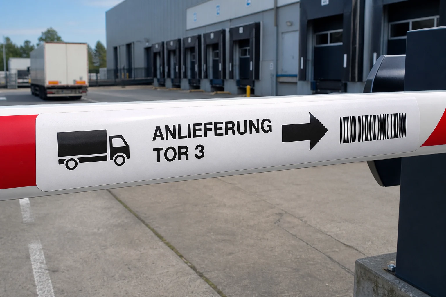 Anlieferungsaufkleber mit Richtungspfeil und Barcode auf einem Schrankenbaum