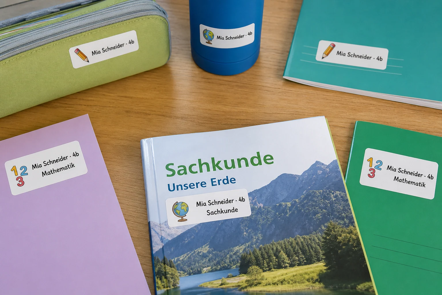 Namens- und Fächeraufkleber mit passenden Motiven auf Schulbüchern