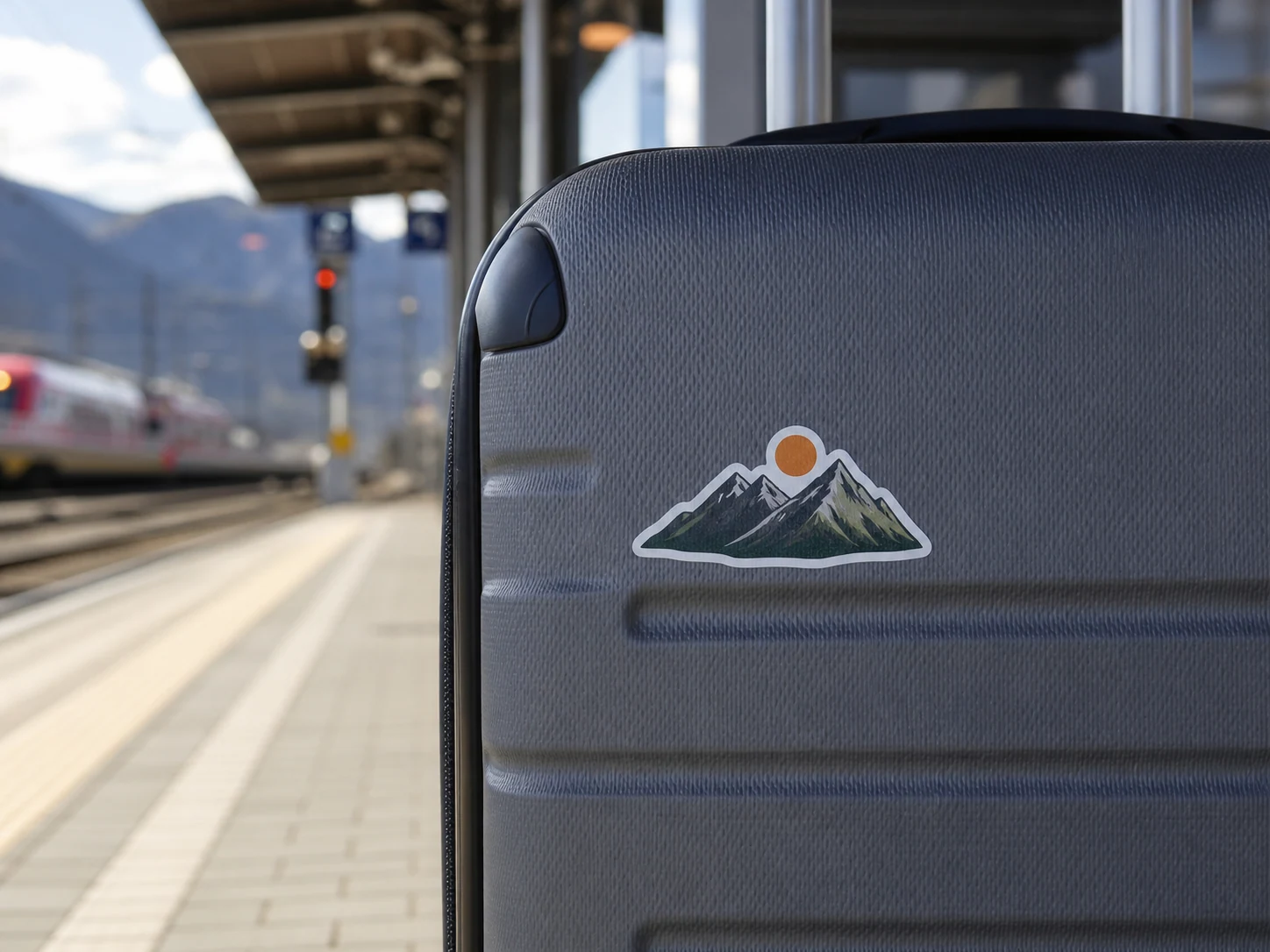 Reiseaufkleber mit Bergmotiv auf einem Koffer