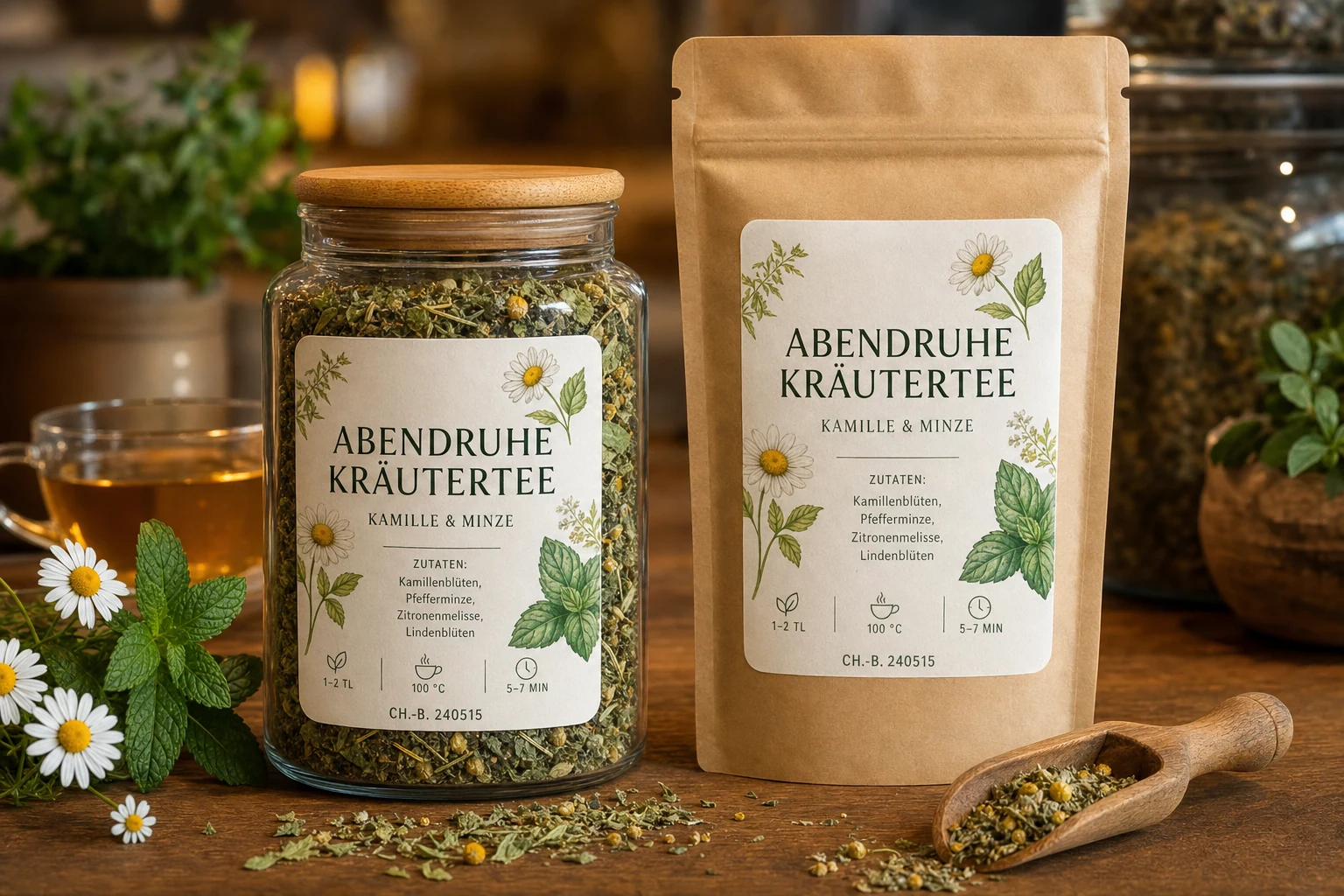 Kräutertee-Verpackungen mit passendem Pflanzenmotiv und Produktinformationen