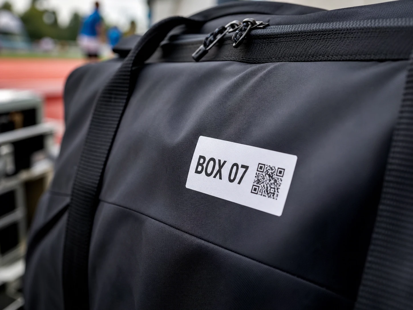 Kennzeichnungsaufkleber mit QR-Code auf einer Polyestertasche