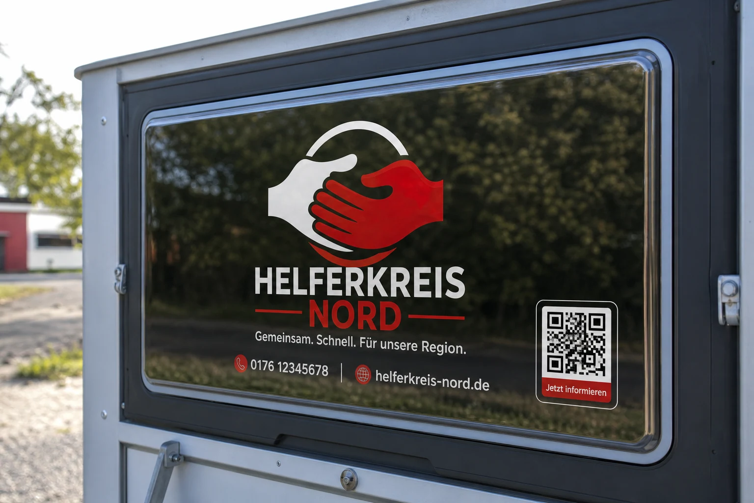 Vereinsaufkleber mit Kontaktdaten und QR-Code auf einem Anhängerfenster