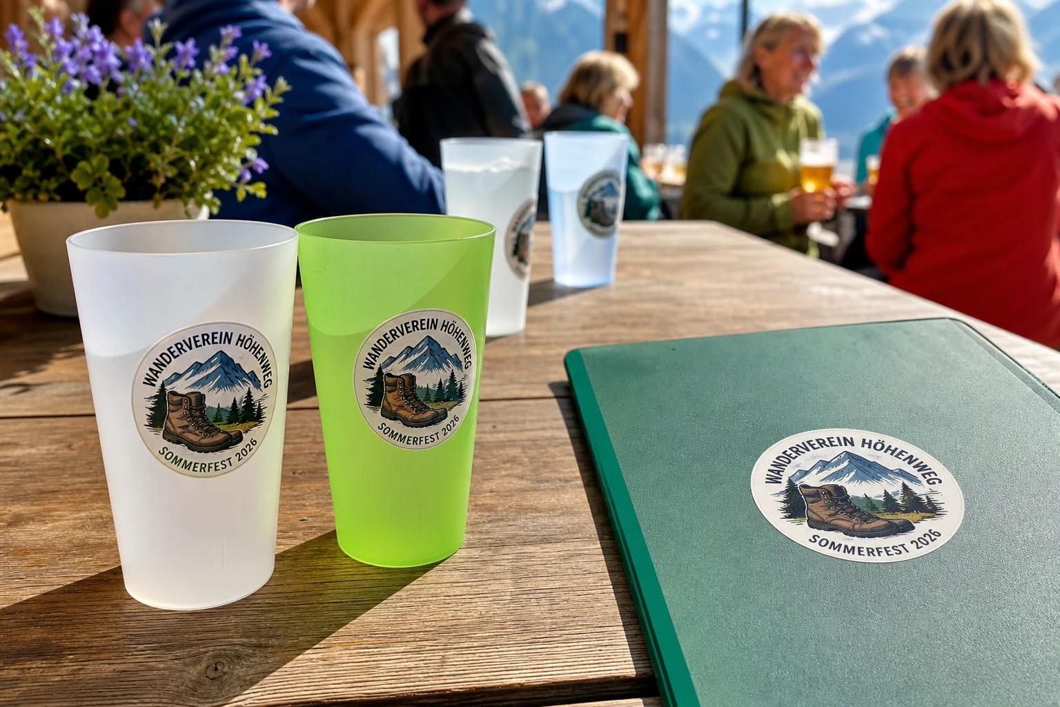 Passende Logoaufkleber auf Mehrwegbecher und Präsentationsmappe